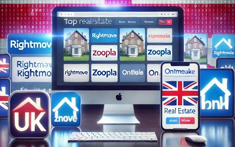 Logos der besten britischen Immobilien-Websites mit der britischen Flagge im Hintergrund.